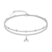 925 Sterling Silver Mermaid & Dolphin Tail Anklets for Women - Adjustable 11 Inch Layered Boho Foot Chain