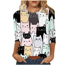 T-shirt Ă col rond et manches 3/4 pour femme, motif floral, blouse tendance, t-shirt graphique Ă porter au quotidien