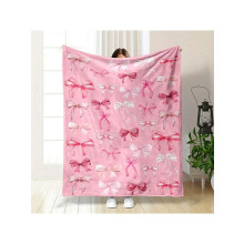 Ultra-Soft Pink Bow Flannel Throw Blanket, 280gsm, All-Season, Compatible with Couch/Bed/Office/Travel