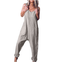 Lässiger, ärmelloser Damen-Overall aus Baumwoll-Leinen-Mischgewebe, locker geschnitten, Y2K-Stil, einfarbig, mit aufgesetzten Taschen