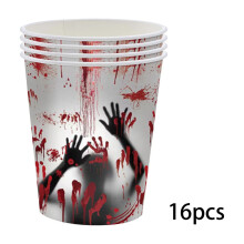 Halloween Bloody Party Supplies Set – Scary Hand Prints Disposable Plates, Tablecloth & Dinnerware for 16, Compatible with Halloween Decor