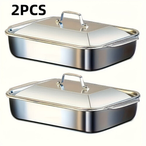 4pcs Stainless Steel Baking Pans Set (2 Deep Dishes + 2 Handle-Lid Rectangular Pans), 6L, 16.14", Dishwasher Safe