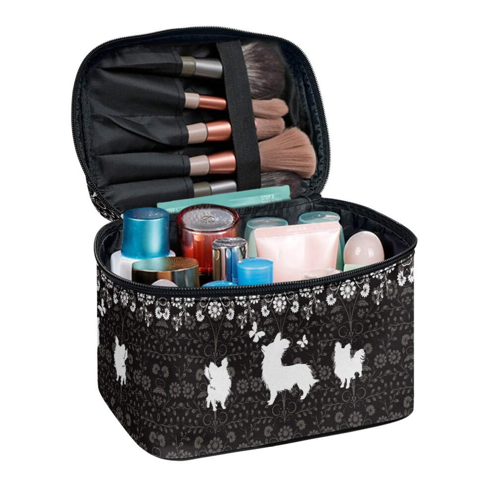 Dog Garden Bloom Portable Travel Cosmetic Bags with Brush Slots Portable Hanging Organizer Fold Flat Polyester
