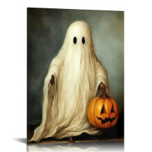 Vintage Halloween Ghost & Pumpkin Canvas Wall Art – Gothic Horror Poster for Living Room, Party Decor (Framed)