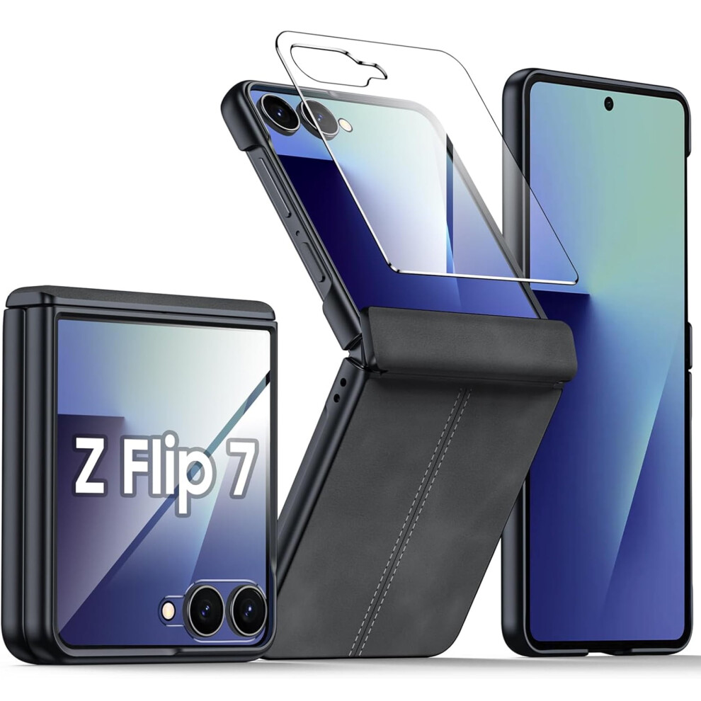 Samsung Galaxy Z Flip 7 Case With Hinge Protection & Built-In Screen Protector, Ultra-Thin Matte Leather Pc Shockproof Cover – Black 9426043892388
