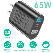 65W USB-C Wall Charger with QC3.0, compatible with iPhone 14/13/12/11/8/7, iPad, Samsung & Tablets—Black