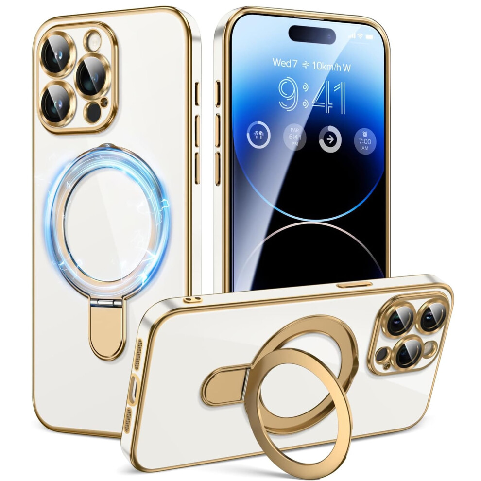 Iphone 15 Pro Max Case With Magnetic Ring Stand, Magsafe Compatible, Full Lens Protection, Slim Luxury Plating Â Solid White 9426043931841