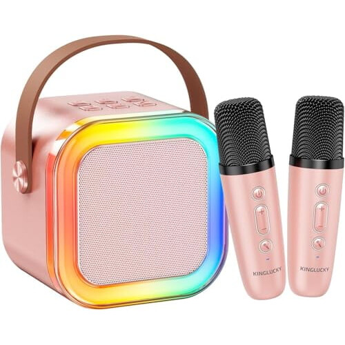 Mini Karaoke Machine for Kids Rose Gold 2 Wireless Mics