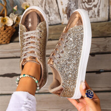 Willtoo Glitter Sparkly Low Top Sequins Lace Up Tennis Shoes Comfort Bling Fashion Shiny Walking Shoes