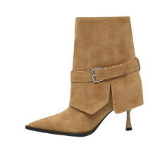 Botines cortos de tacón alto para mujer de Willtoo, con punta afilada y suela de goma. Modernos y sencillos. Color marrón.