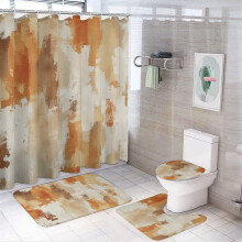 4-Pc Shower Curtain Set with Rug, Toilet Lid Cover & Bath Mat – Orange/Grey Abstract Art, Waterproof, Modern Bathroom Decor