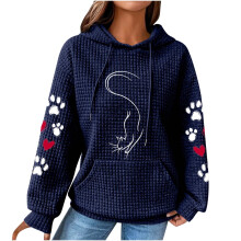 Waffle Knit Cat Print Hoodie for Women with Pocket