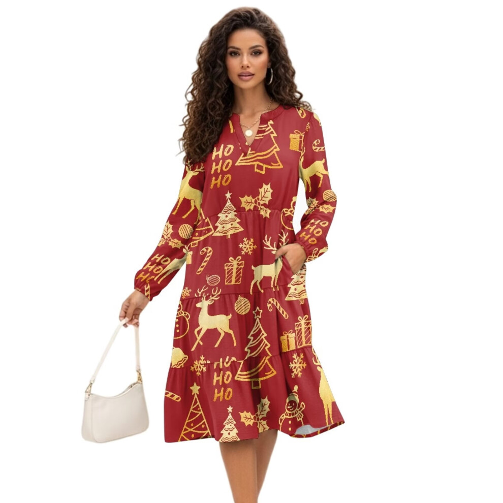 Patchwork Midi Dress For Women Long Sleeve V Neck Elastic 939152739837