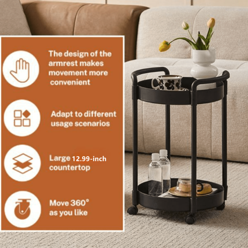 Round Side Table White with 2 Shelves and 4 Wheels 2