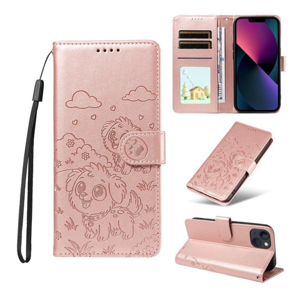 Leather Dog-Embossed Iphone 13 Mini Case With Rfid Wallet, Magnetic Clasp & Lanyard Flip Stand Pink 9558633008494