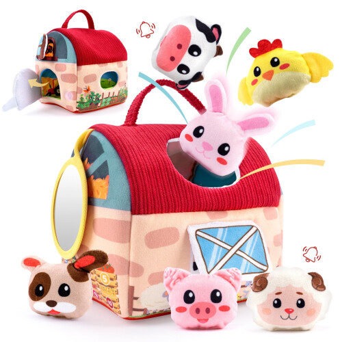 Plush Mini Farm House Set, Interactive Puzzle Sensory Development Detachable Animals Portable Play 1