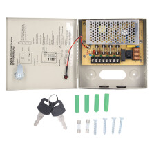 Security Camera Power Supply12V DC Metal Box Dual Voltage Overload Overvoltage Protection Short Circuit CCTV Systems Multiple Uses Lock & Keys