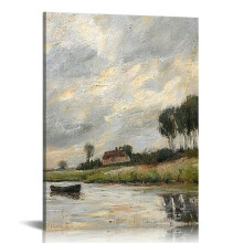 Vintage-Landschaftsgemälde mit Flussufer und bewölktem Himmel, Wandbild im Mid-Century-Modern-Stil, rustikal, 40 x 50 cm