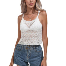 Top corto de crochet para mujer, sin mangas, con diseño calado, encaje texturizado, cuello redondo, tirantes ajustables, ligero, liso, informal,