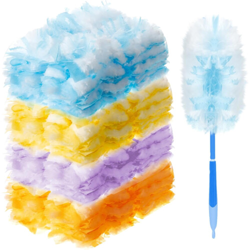 150 count Duster Refills Compatible with Dusters Disposable Replacement Thickened with 1 Handle for Cleaning, Office (Yellow,Blue,Orange,Purple)
