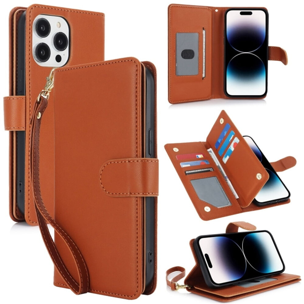 Leather Magnetic Flip Wallet Case For Iphone 14 Pro 6.1" Â Rfid Blocking, Kickstand, Anti-Drop Tpu, Detachable Wrist Strap, Brown 9558633017571