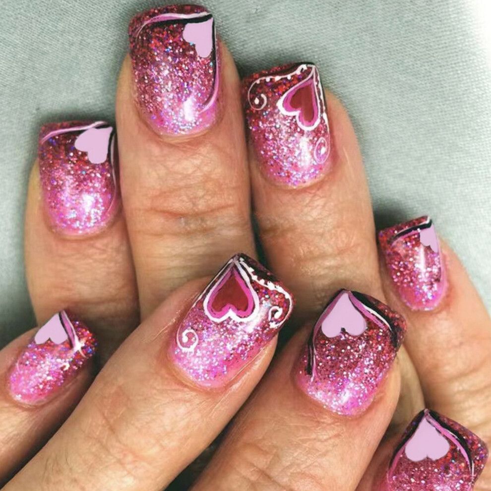 Valentine's Day Press on Nails Heart Glitters False Nails Set Acrylic Artificial Nails Manicure For Stylish Look 24Pcs
