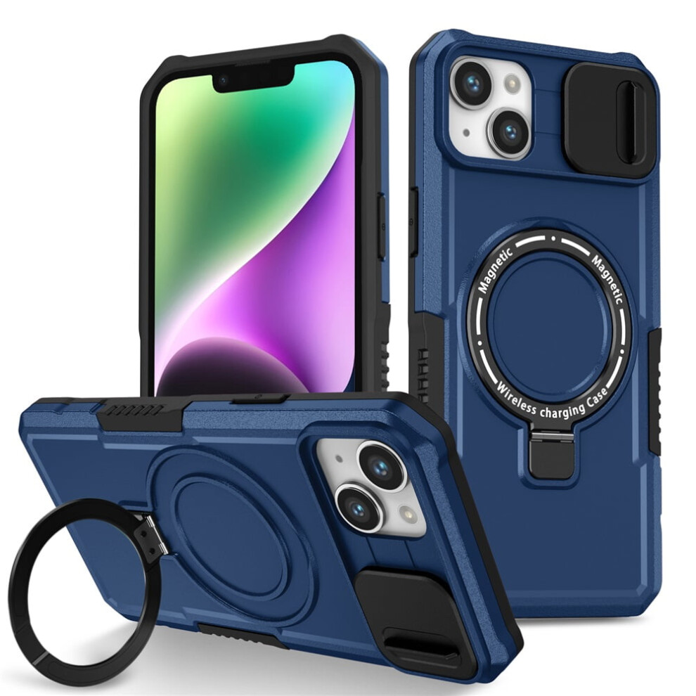 Shockproof Case For Iphone 14 Plus 6.7" Â Sliding Camera Cover, Magsafe Compatible, Hidden Kickstand & Ring Holder Blue 9485826607472