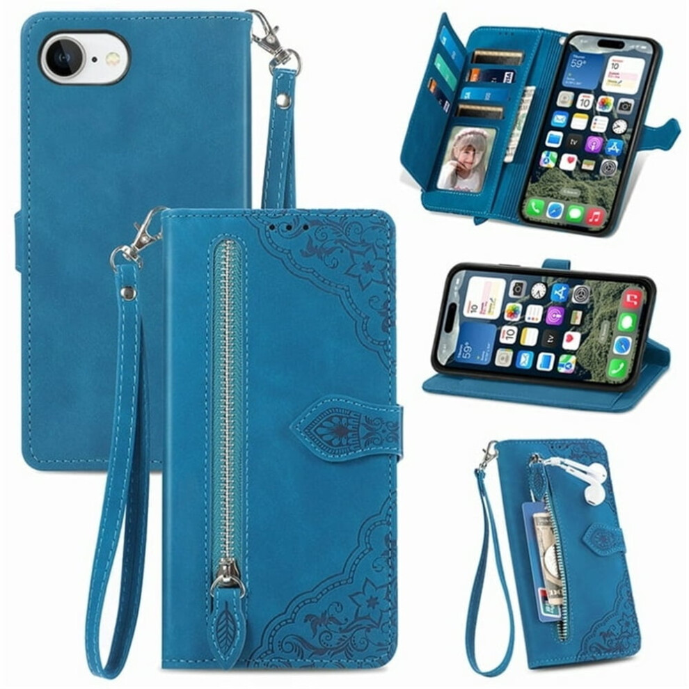 Magnetic Leather Wallet Case With Zipper, Kickstand & Wrist Strap For Compatible With Iphone 16E (6.1") 9485826608417