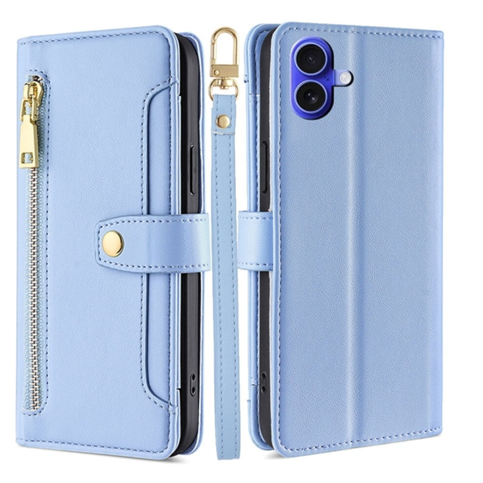 Leather Iphone 16 6.1" Case With 6-Card Holder, Zipper Bills Slot & Soft Sheepskin Strap Â Compatible With Iphone 16 Blue 9485826608356