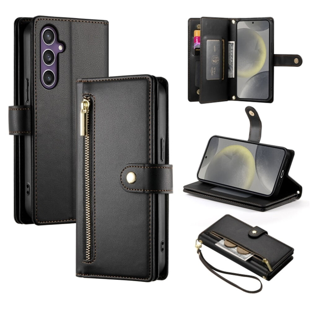 Compatible With Samsung Galaxy S24+ 5G 6.6" Wallet Case Â Leather, Multi-Card Slots, Zipper Pocket, Lanyard & Wristlet Black 9485826605478