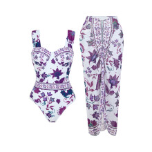 2-delt badedrakt for kvinner med høy midje, monokini med makskjørt, tildekking, bohemsk blomstermønster, badetøy