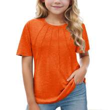 Mädchen-T-Shirts mit Falten, Kinder-Sommer-Kurzarm-Tops, einfarbig, Orange, 7-8 Jahre
