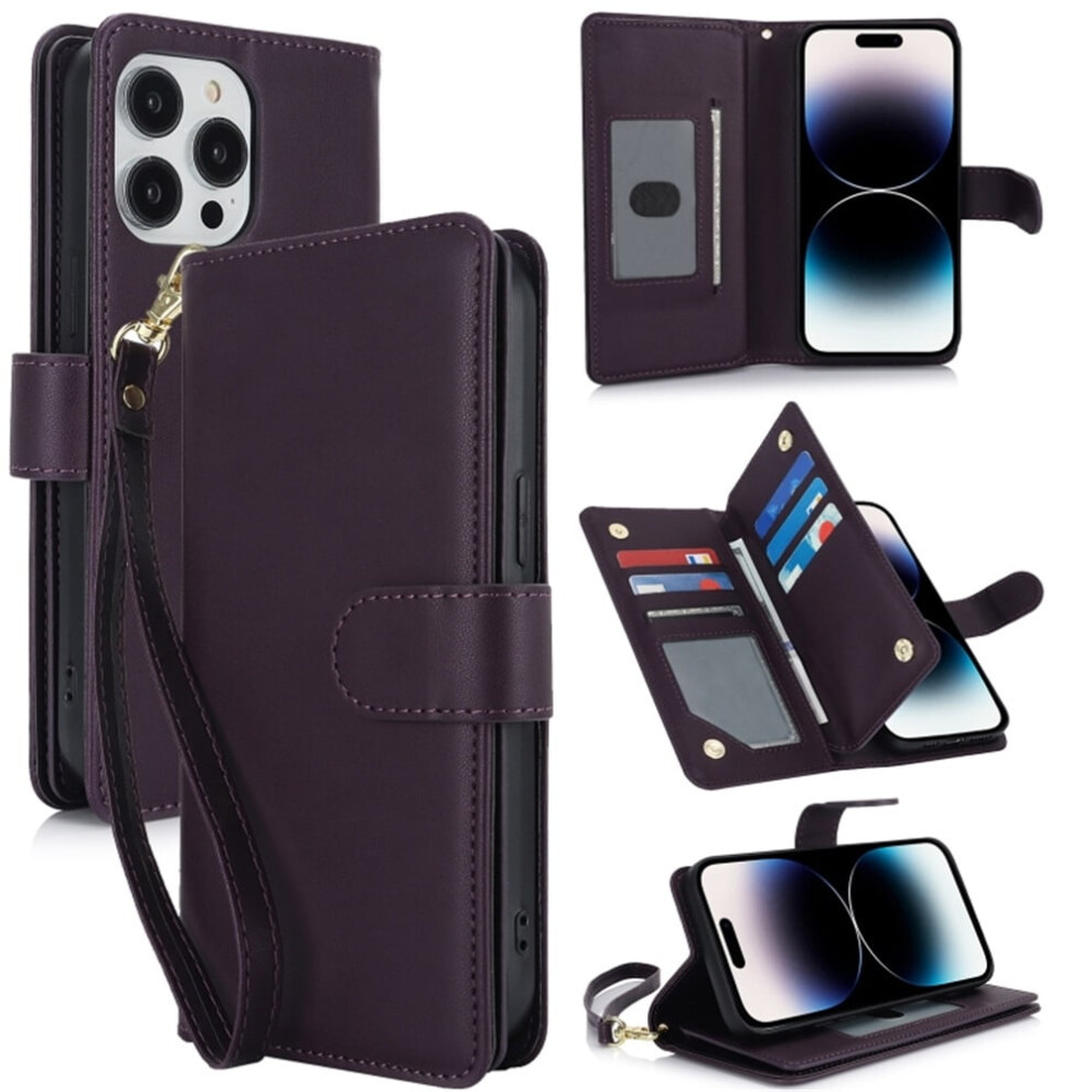 Leather Magnetic Wallet Case For Iphone 14 Pro 6.1": Rfid Blocking, Kickstand, Anti-Drop Tpu, Detachable Wrist Strap, Dark Purple 9558633019506