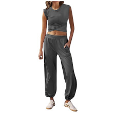 Completo da donna 2 pezzi, outfit estivo per il tempo libero, top a maniche corte arricciato, pantaloni a gamba larga a vita alta, tuta sportiva,