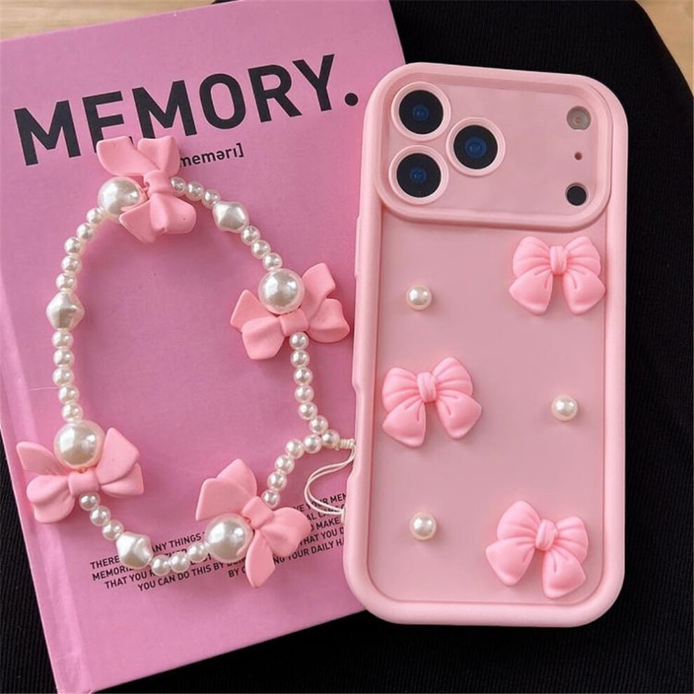 For Compatible With Iphone 17 Pro Case Soft Silicone Shockproof 3D Bow, Pearl With Bead Wristband Cover Case,Pink,For Compatible With Iphone 17 Pro White 9193271809418