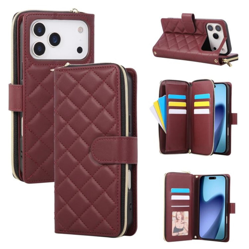 Magnetic Flip Wallet Case For Iphone 17 Pro: 9-Card Slots, Zipper Pocket, Detachable Shoulder & Wrist Straps, Wine Red 9193271811046