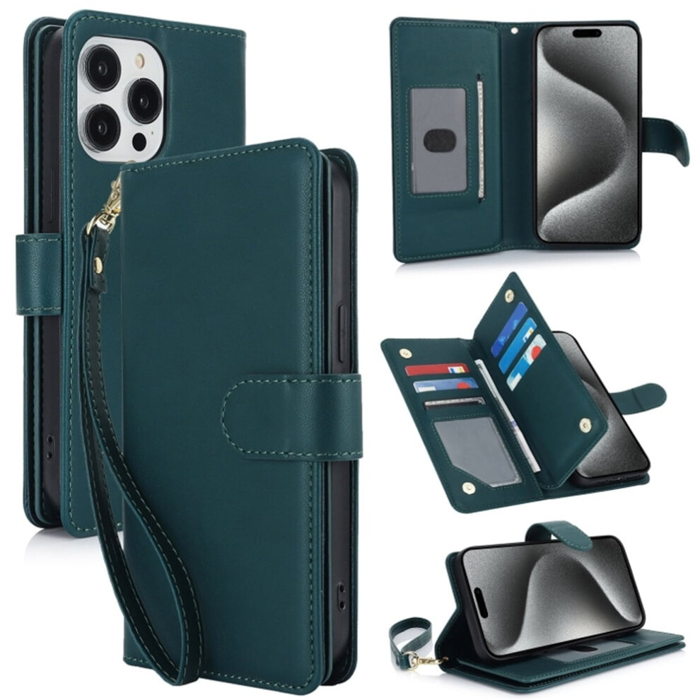 Leather Magnetic Flip Wallet Case For Iphone 15 Pro Max 6.7": Rfid Blocking, Kickstand, Anti-Drop Tpu, Detachable Wrist Strap, Green 9193271809739