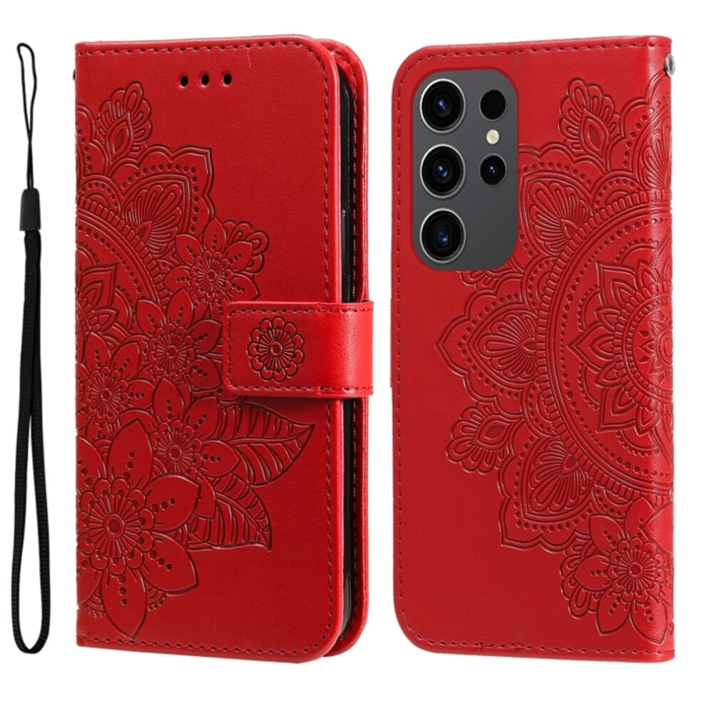 Compatible With Samsung Galaxy S24 Ultra 6.8": Pu Leather Flip Wallet Case With Magnetic Closure, Card Slots, Embossed Flower & Hanging Rope Red 9193271809784