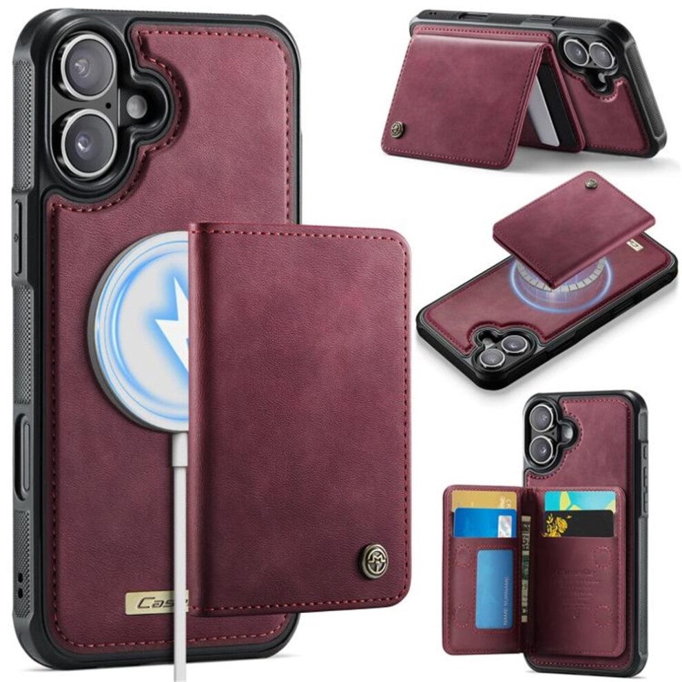 Rfid-Blocking Pu Leather Case For Iphone 16, Magsafe-Compatible, Detachable 2-In-1 Wallet With Kickstand Â Wine Red 9193271808787
