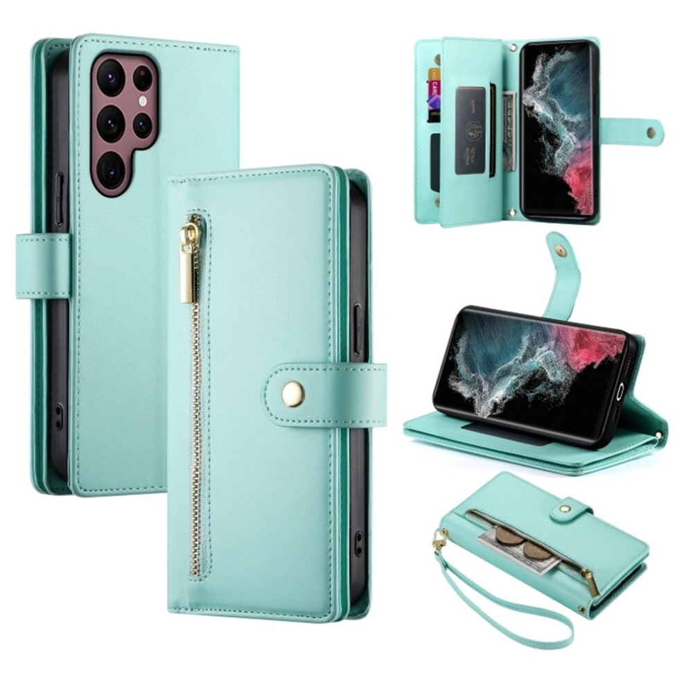 Compatible With Samsung Galaxy S22 Ultra 5G 6.8" Wallet Case Â Leather, Multi-Card Slots, Zipper Pocket & Wristlet Green 9558633020441