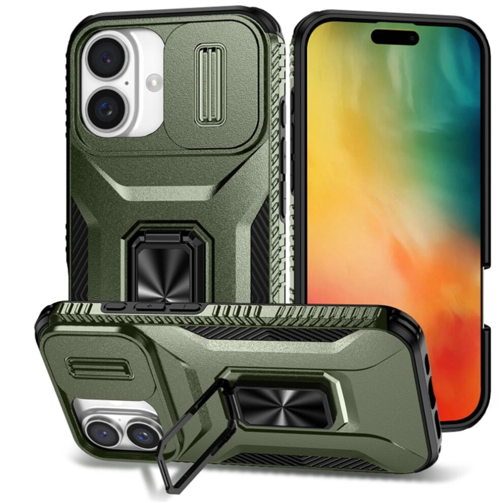 Slim Shockproof Hybrid Case For Iphone 16 PlusâSlide Camera Cover, Rotating Ring Kickstand, Military-Grade, Alpine Green 9193271810230