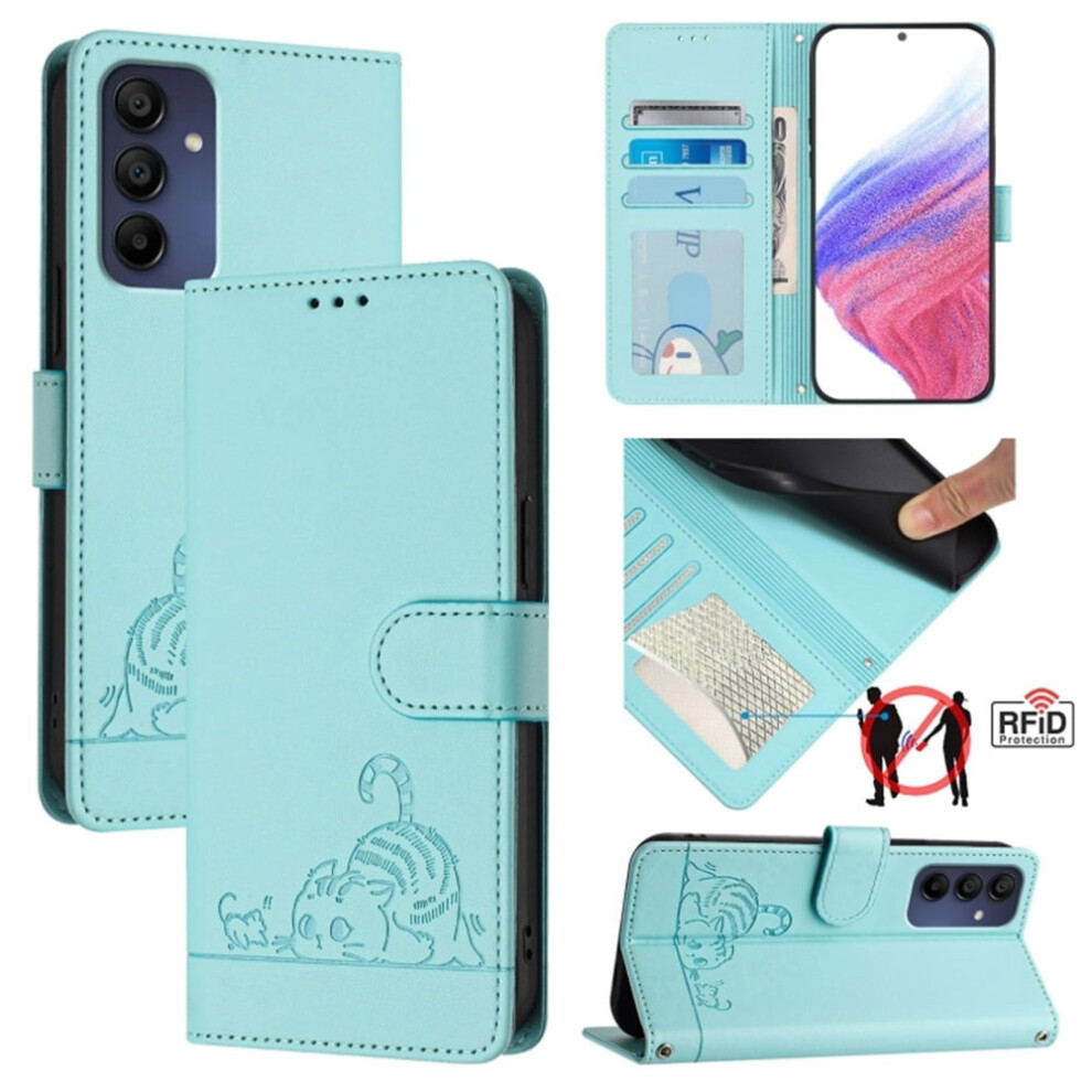 Light Pu Leather Flip Wallet Case For Samsung Galaxy A16 5G 6.7" Â Rfid Blocking, Cat Embossed, Strong Magnet, Card Slots, Hanging Rope Green 9418476667145