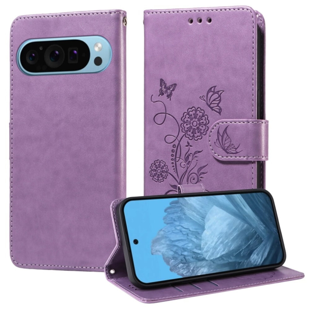 Embossed Butterfly Flower Flip Leather Case For Google Pixel 9 (6.3"), With Card Slots, Cash Compartment & Shockproof Kickstand. Compatible Purple 9418476668098