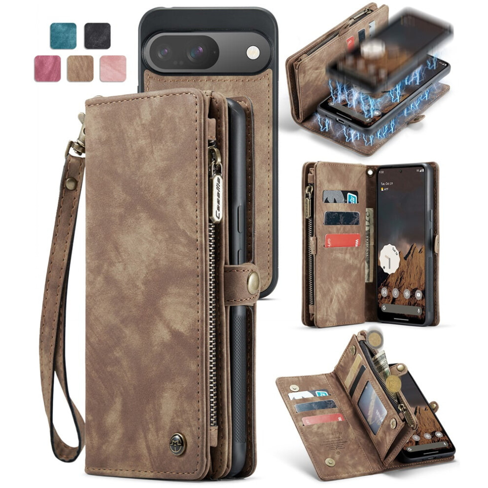 Caseme Leather Case For Google Pixel 9/9 Proâ2-In-1 Detachable Wallet, 8-Card Holder, Zipper Bills Slot, Magnetic Shockproof Flip Cover, Brown 9418476668593