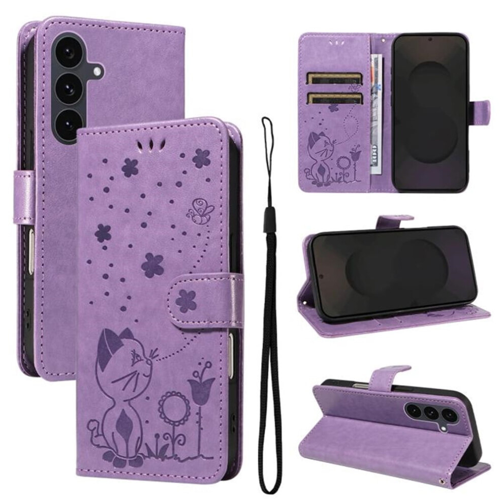 Pu Leather Flip Wallet Case With Magnetic Closure & Card Slots For Samsung Galaxy S25 Fe 5G 6.7" Â Cat&Bee Embossed Pattern Purple 9418476668456