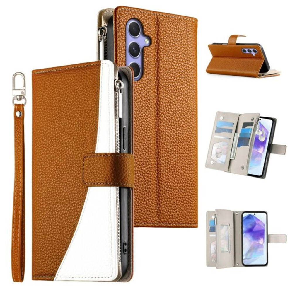 Pu Leather Flip Wallet Case For Samsung Galaxy A55 5G (6.6") Â Splicing Design, Multi Card Slots, Pocket, Zipper, Strong Magnetic Closure & Brown 9418476667404