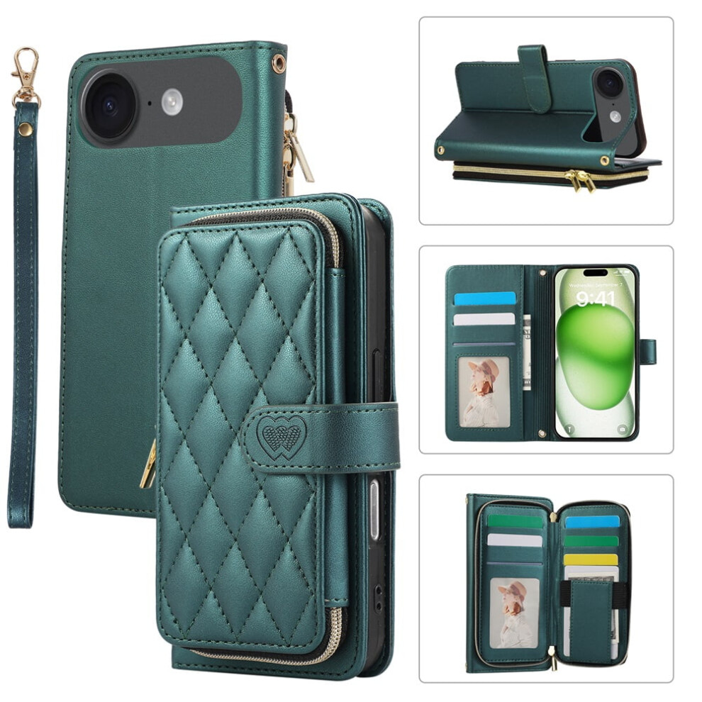 Luxury Leather Wallet Case With Wrist/Shoulder Strap, 9 Card Slots & Zipper Purse, Stand Function Â Compatible With Iphone Air 6.5" Green 9418476671524