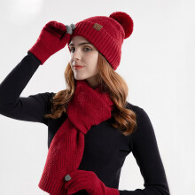 Women's Pom Pom Beanie Set with Fleece-Lined Hat, Knit Scarf & Gloves – 3-Piece Matching Winter Ski Accessories Gift Set, Wine