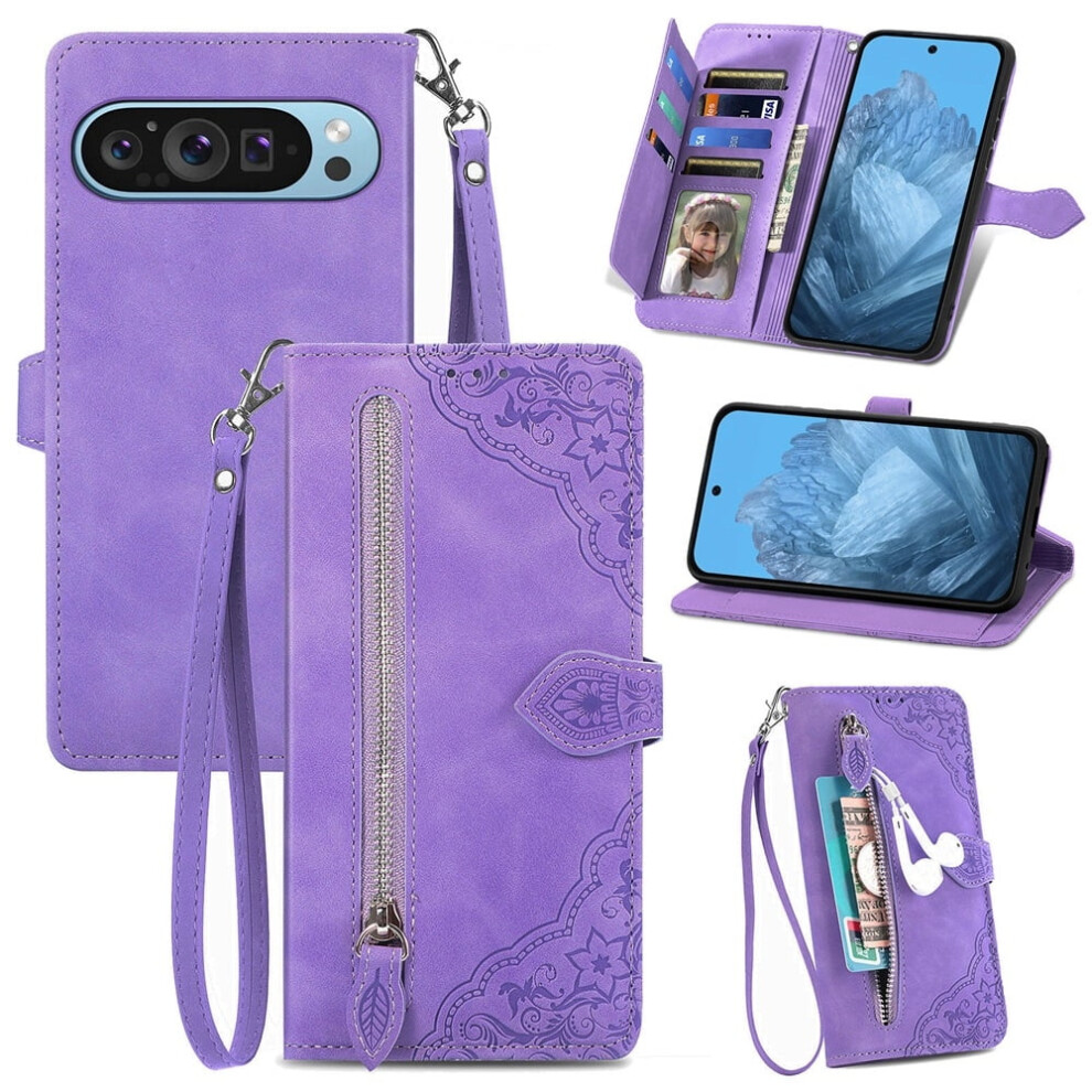 Pu Leather Magnetic Flip Wallet Case For Google Pixel 10 (6.3"), With Lanyard, Wristlet & Zipper Card Holder Â Compatible With Google Pixel Purple 9193271807728