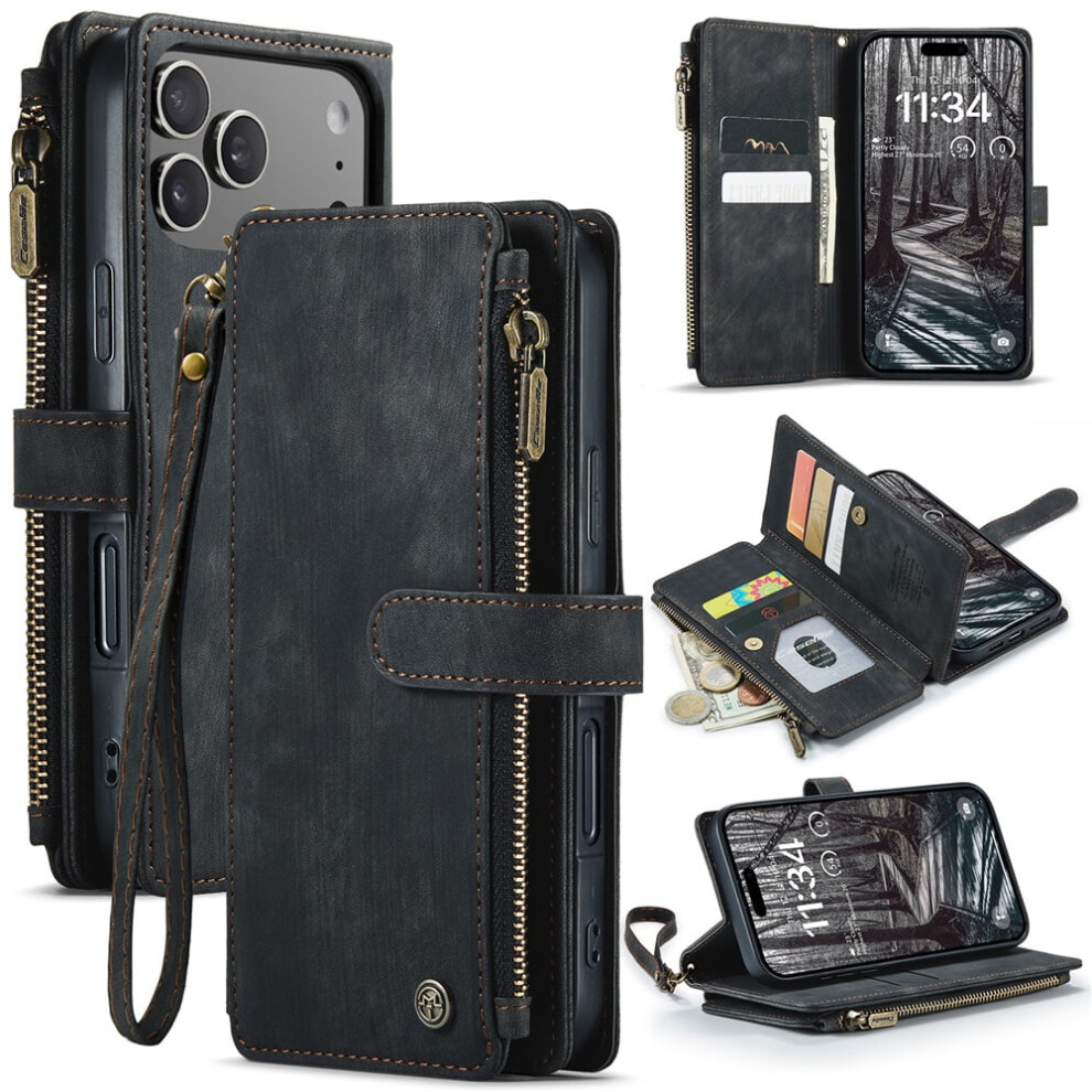 Caseme Wallet Case For Iphone 17 ProâPu Leather, Magnetic Flip, Lanyard Strap, Zipper Card Holder, Black 9418476669286